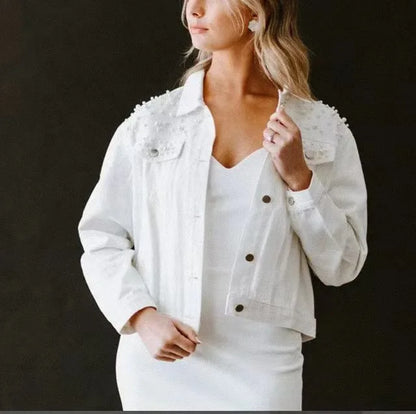 New New Fall Women Pearl Beading Crop Denim Jackets Women Casual Jeans Long Sleeve Denim Plus Size Coat