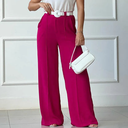 2025 Women Spring and Summer Thin Pants Solid Color Loose Pleated Wide Leg Casual Pants Half Elastic Waist Pants