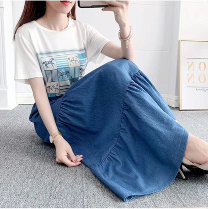 Vintage Loose Chic Skirts for Women Elegant High Waist Office Lady Long Skirt Fashion Woman Blue Denim Skirt