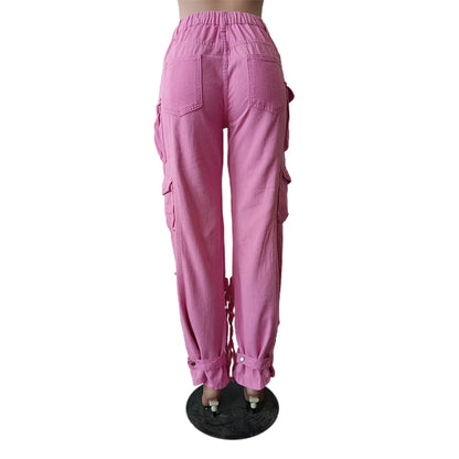 2023 Summer New Multi-Pocket Denim Cargo Pants Ladies Jean Pants Baggy Ripped Wide Leg Jeans Blue Woman Washed Cargo Trousers