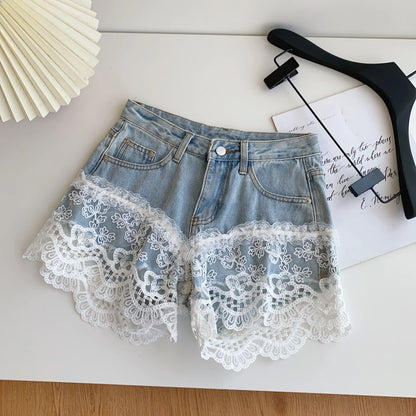 Spring Lace Short Jeans Women Print High Waist Denim Pants Girls Outdoor Pants Wholesale