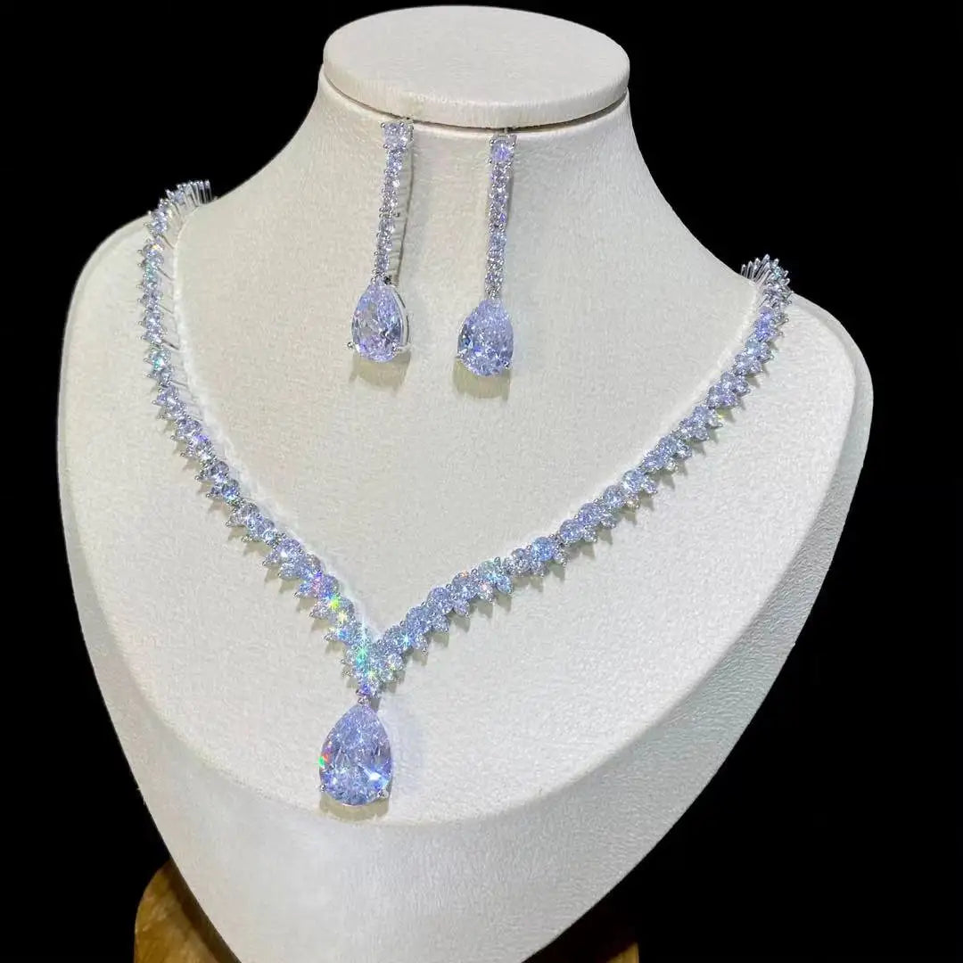 ASNORA Classic Water Drop Pendant Crystal Necklace For Women, Cubic Zirconia Bridal Wedding 2 Piece Jewelry Set X0178