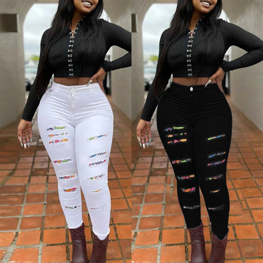 Free Shipping to USA-Women's Plus Size High Waist Slim Fit Casual Style Solid High Stretch Skinny Ripped Jeans