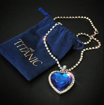 Titanic Heart of Ocean Blue Heart Love Forever Pendant Necklace + Velvet Bag