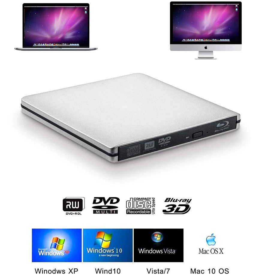 UHD 4K Blu-Ray Burner USB3.0 External Optical DVD Drive 3D Blu-Ray Player Recorder BD-RE/ROM Compatible with Windows/MAC OS