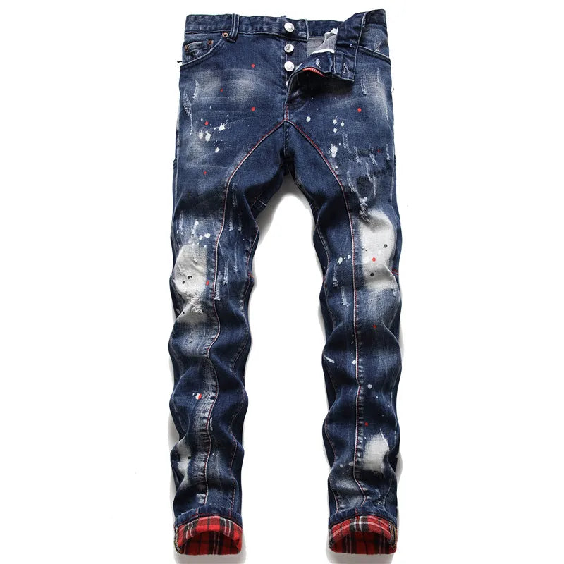 RTS 2021 Factory Wholesale Streetwear Crazy Fashion Zipper Washed Denim Paint Points Modern Designer Jeans Men Pants