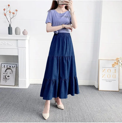 Vintage Loose Chic Skirts for Women Elegant High Waist Office Lady Long Skirt Fashion Woman Blue Denim Skirt