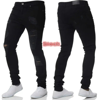 RNSHANGER Men Fashion Street Style Ripped Skinny Jeans Vintage Wash Solid Denim Trouser Mens Casual Slim Fit Pencil Denim Pants