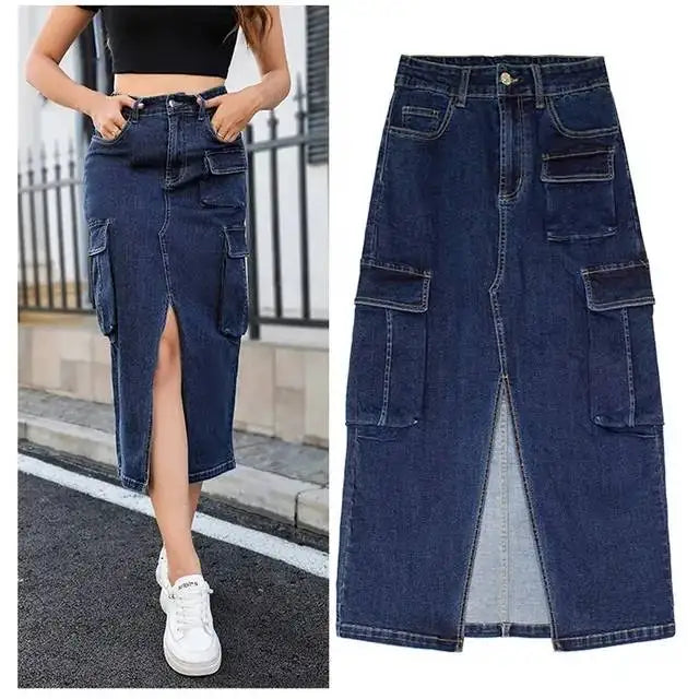 SL157 High Quality Summer Cargo Jeans Skirts for Women Multi Pocket High Waist Slim Split Long Denim Skirts for Women