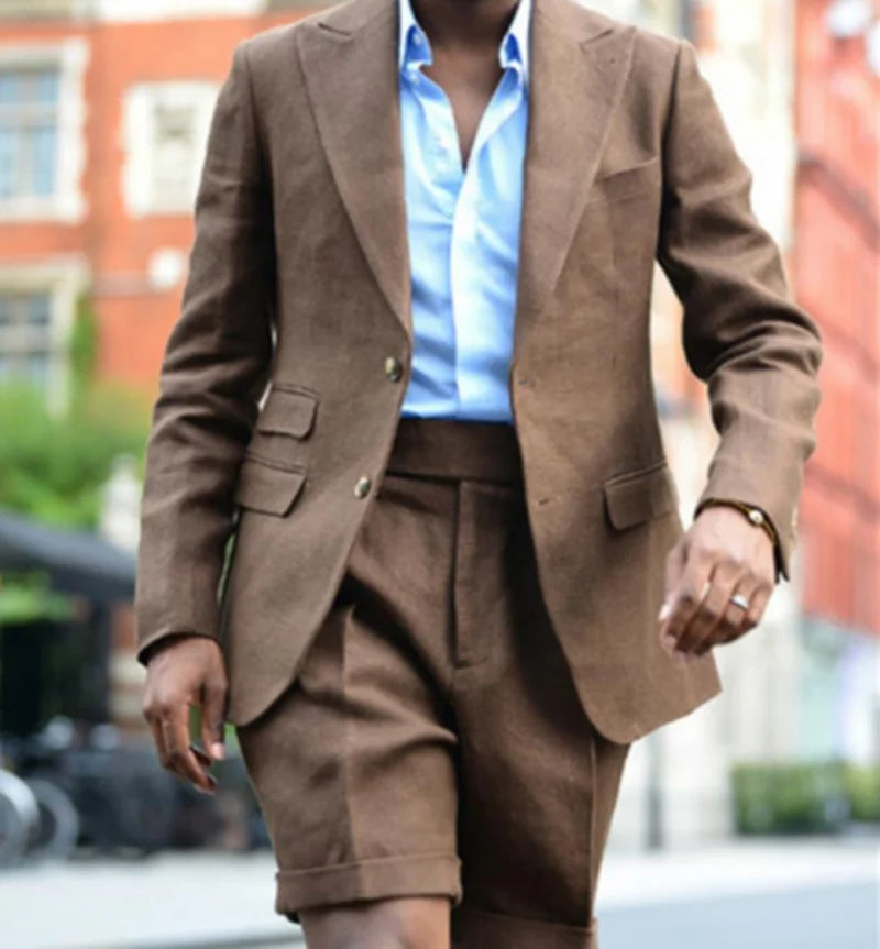 Costume Homme Summer Linen Cloth Short Suits Two Pieces Peaked Lapel Designer Tuxedos Suit Suit Pants