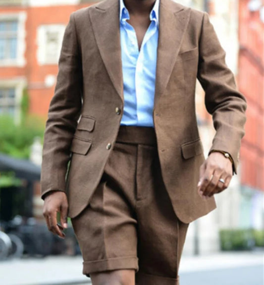 Costume Homme Summer Linen Cloth Short Suits Two Pieces Peaked Lapel Designer Tuxedos Suit Suit Pants