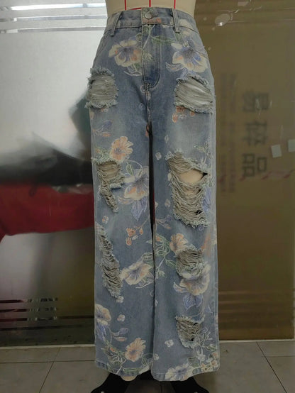 GX6981S Fashion Women Elegant Clothing Vendor Street Wear Ladies Printed Ripped Jeans Trouser Hollow Out Casual Denim Pant