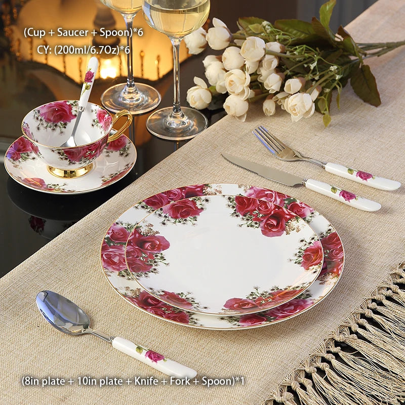 Europe Pastoral Bone China Tableware Set with Fork Knife Dishes Plates British Royal Advanced Porcelain Meal Cutlery Dinnerware