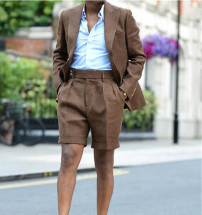 Costume Homme Summer Linen Cloth Short Suits Two Pieces Peaked Lapel Designer Tuxedos Suit Suit Pants
