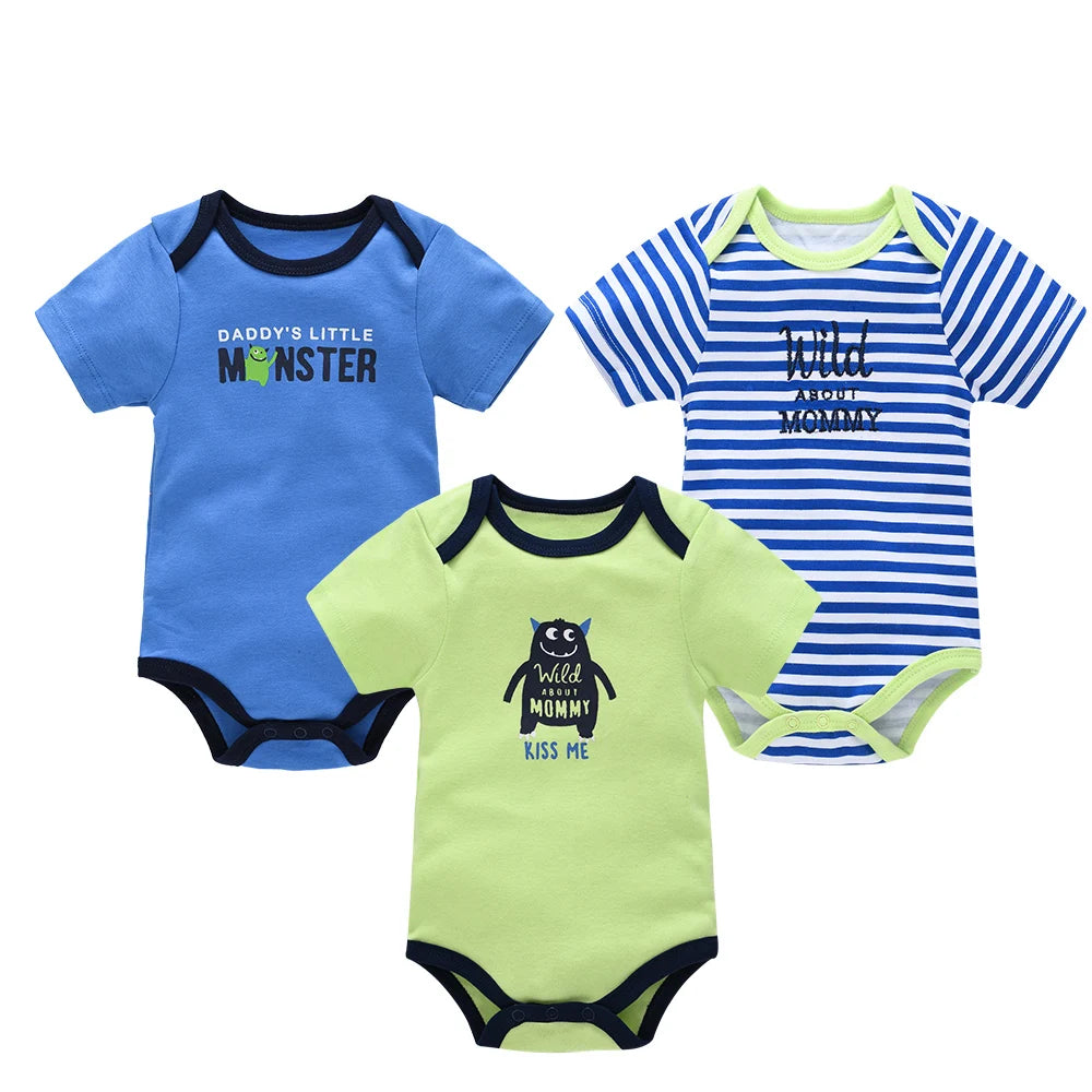 New Baby Boy Clothes Summer 100%Cotton Blue Grey Tie Print Three Piece Short Sleeve Bodysuit Pants Vetements Bebe For 0-12M