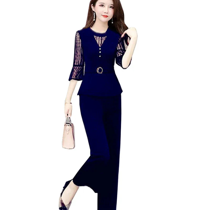 5XL Women Pants 2-Piece Set 2024 Female Summer Set Lady Slim Tops+ Wide leg Pants Two-Piece Suit Short Sleeve Suit C725