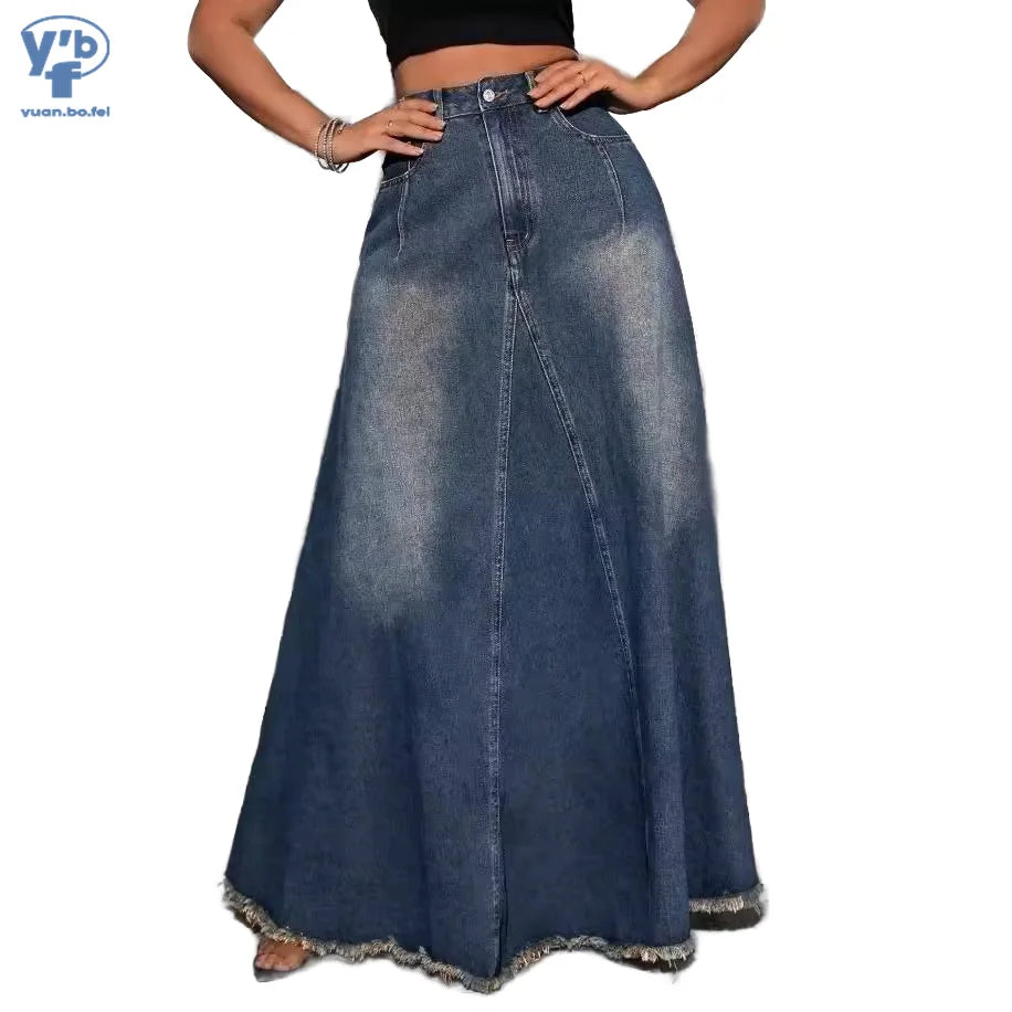 YUANBOFEI High Quality Women's Denim A-Line Midi Skirt Vintage Washed Stretch Jeans Breathable Comfortable Summer Casual Outing