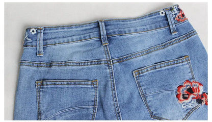 Women Stretch High Waist Embroidery Jeans Wide Leg Floral Denim Long Pants Flared Trousers Lady Women's Fashion Pants