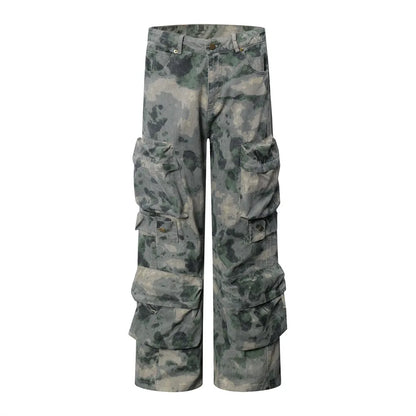 Tie Dye Camouflage Large Pocket Overalls Designer Men's Trend Loose Stone Wash Denim Fashion Patch Wide Leg Straight Men's Jeans