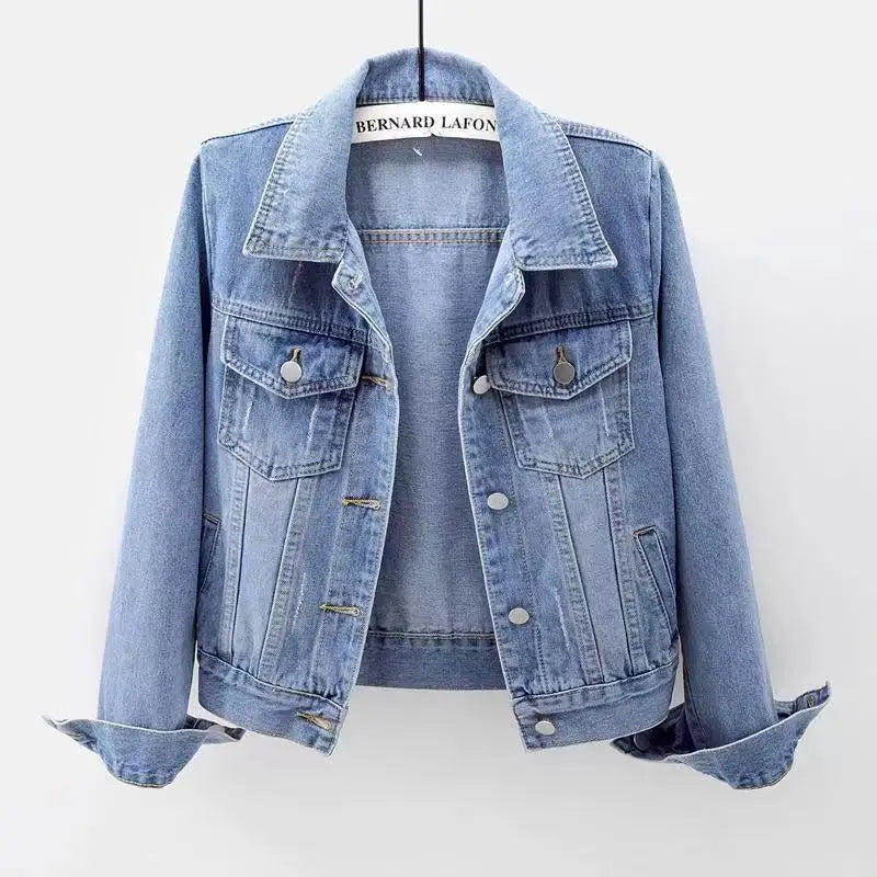 Women's Casual Washed Regular Fit High Quality Vintage Denim Jacket with Waist Tie and Cargo Pockets