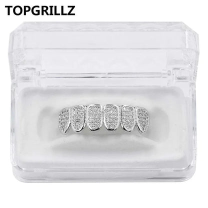 TOPGRILLZ New Fit Silver Plated CZ Micro Pave Top & Bottom GRILL SET Rhodium Teeth Grills Vampire Tooth Grillz