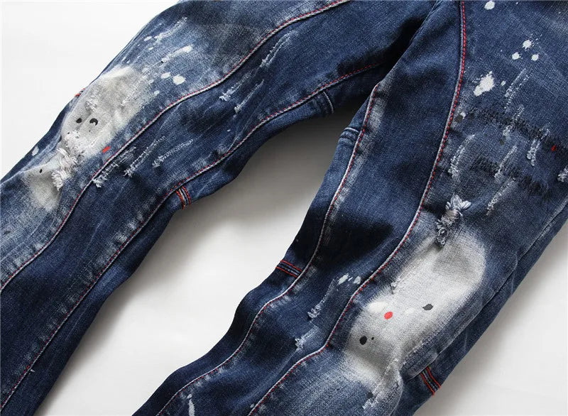 RTS 2021 Factory Wholesale Streetwear Crazy Fashion Zipper Washed Denim Paint Points Modern Designer Jeans Men Pants