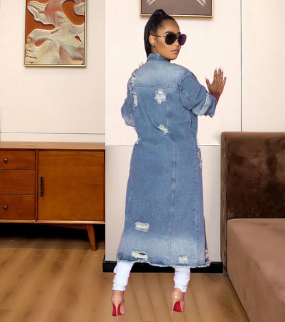 Fashion Women's Distressed Long Sleeve Denim Windbreaker Jacket Cardigan Denim Long Coat