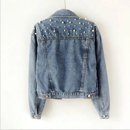 New New Fall Women Pearl Beading Crop Denim Jackets Women Casual Jeans Long Sleeve Denim Plus Size Coat