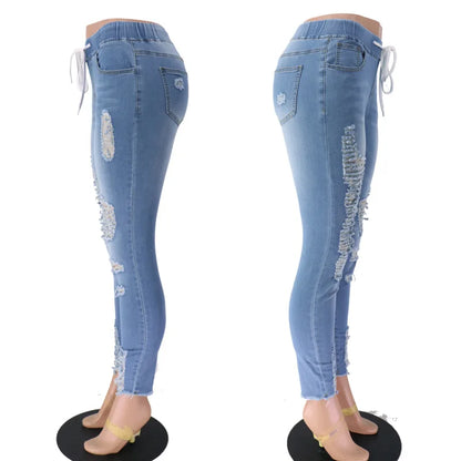 Fashion High Waisted Boyfriend Jeans for Women Lace up Slim Casual Hole Pencil Pants Sexy Autumn Denim Trousers Streetwear