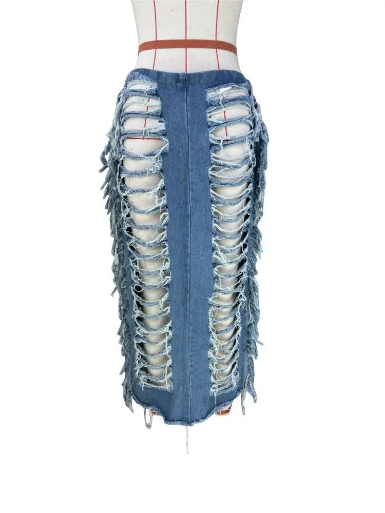 Sexy Hot Streetwear Fashion Ladies Skirts Casual Washed Jean Denim Long Maxi Ripped Tassel Skirt Women'S Skirts