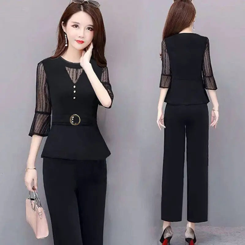 5XL Women Pants 2-Piece Set 2024 Female Summer Set Lady Slim Tops+ Wide leg Pants Two-Piece Suit Short Sleeve Suit C725