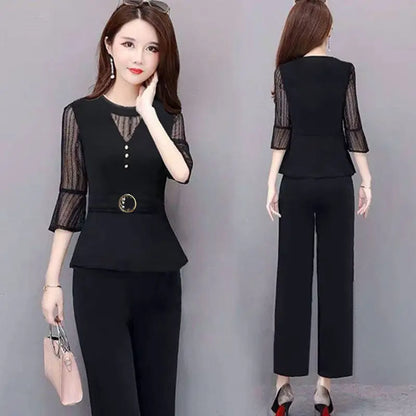 5XL Women Pants 2-Piece Set 2024 Female Summer Set Lady Slim Tops+ Wide leg Pants Two-Piece Suit Short Sleeve Suit C725