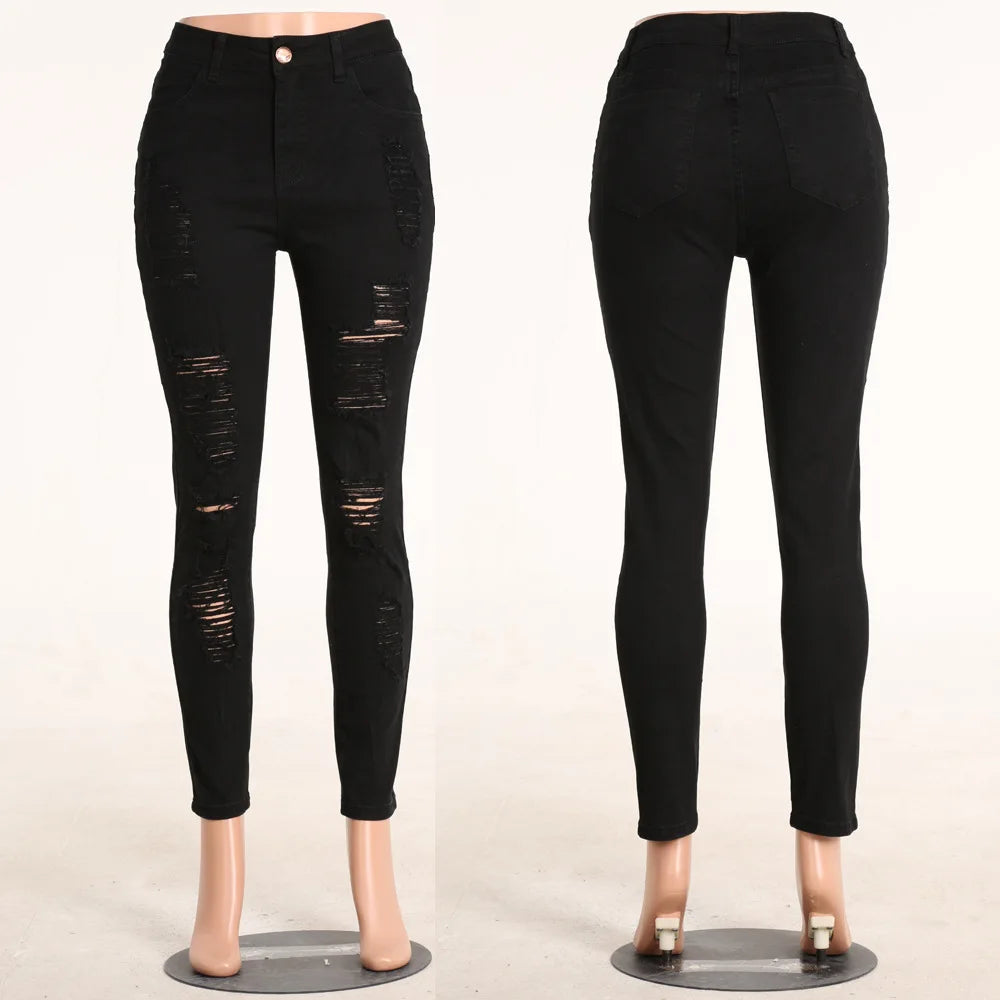 Womens High Waisted Black Torn Jeans Plus Size 3XL Skinny Denim Pencil Pants Burgundy Stretch Rugged Ripped Distressed Jeans