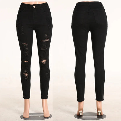 Womens High Waisted Black Torn Jeans Plus Size 3XL Skinny Denim Pencil Pants Burgundy Stretch Rugged Ripped Distressed Jeans