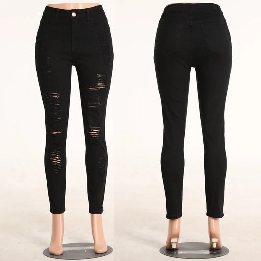 Womens High Waisted Black Torn Jeans Plus Size 3XL Skinny Denim Pencil Pants Burgundy Stretch Rugged Ripped Distressed Jeans
