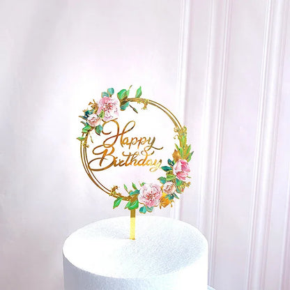 Acrylic Happy Birthday Cake Topper Gold Pink Birthday Cake Toppers Flags For Kids Birthday Party Cake Decorations Baby Shower
