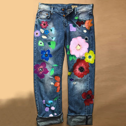 Cute Flower Printed Jeans Women Loose Jeans New Style Direct Jean Hot Fashion Ladies Printed Thin Denim Spring Summer Breathe