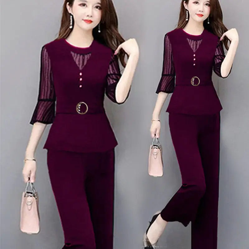 5XL Women Pants 2-Piece Set 2024 Female Summer Set Lady Slim Tops+ Wide leg Pants Two-Piece Suit Short Sleeve Suit C725