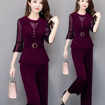 5XL Women Pants 2-Piece Set 2024 Female Summer Set Lady Slim Tops+ Wide leg Pants Two-Piece Suit Short Sleeve Suit C725