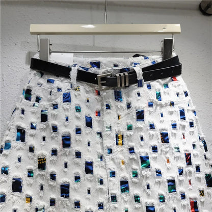 Slim A-line New Burnout Worn Personality Color Block Women's Denim Short Skirt   Fashion