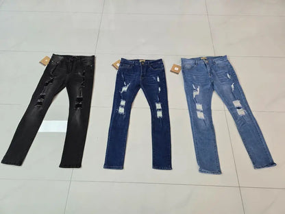 Wholesale large-sized men's jeans with zipper pockets, fashionable and tattered blue and black jeans, men's washed craft jeans
