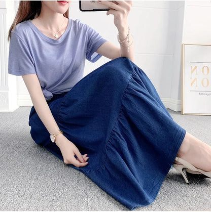 Vintage Loose Chic Skirts for Women Elegant High Waist Office Lady Long Skirt Fashion Woman Blue Denim Skirt