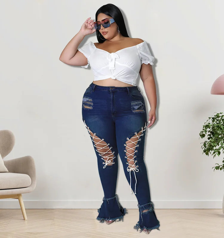 Trending Products 2022 New Arrivals FashionSlim Ripped Eyelet String Sexy Plus Size Jean for Woman