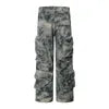 Tie Dye Camouflage Large Pocket Overalls Designer Men's Trend Loose Stone Wash Denim Fashion Patch Wide Leg Straight Men's Jeans
