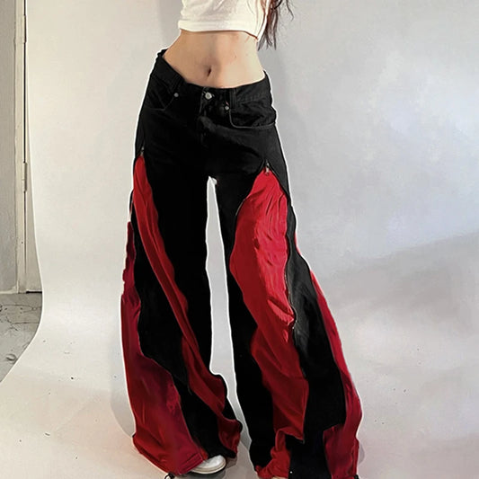 Heavy Patchwork Zip Up Baggy Jeans Women Hip Hop Color Block Loose Wide Leg Denim Pants Vintage Streetwear