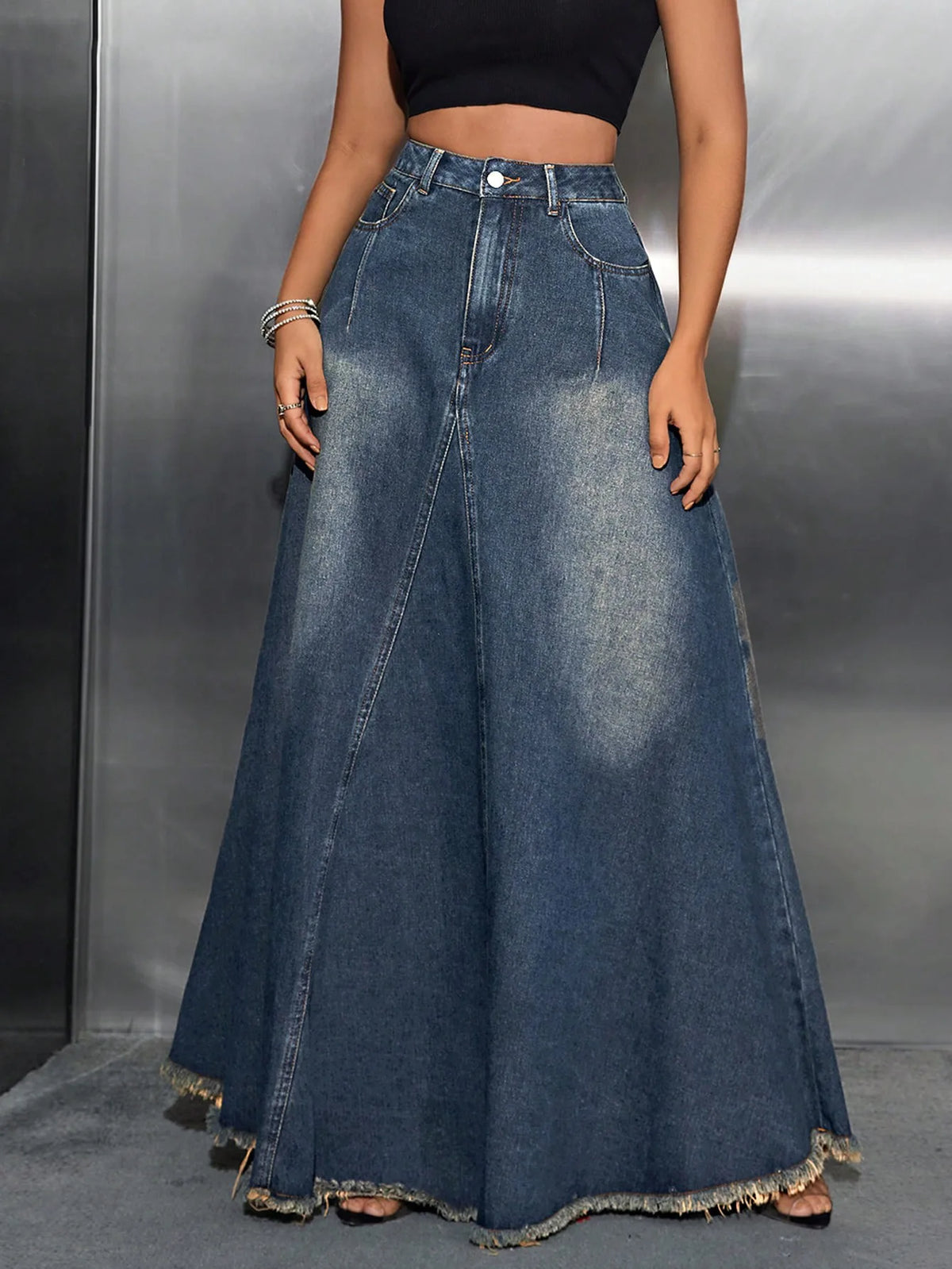 YUANBOFEI High Quality Women's Denim A-Line Midi Skirt Vintage Washed Stretch Jeans Breathable Comfortable Summer Casual Outing