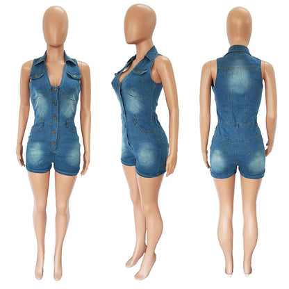 2022 Backless Short Cami Jumpsuit Summer Buttons Sleeveless Sexy Denim Playsuit Denim Romper Women