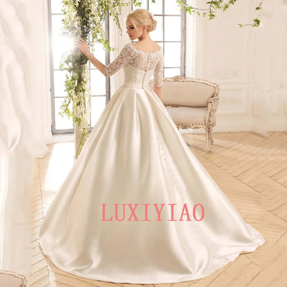 Customized Modest Lace Satin Wedding Dress Scoop Neck Half Sleeves Ball Gown Sweep Train Bridal Dresses Vestido Noiva