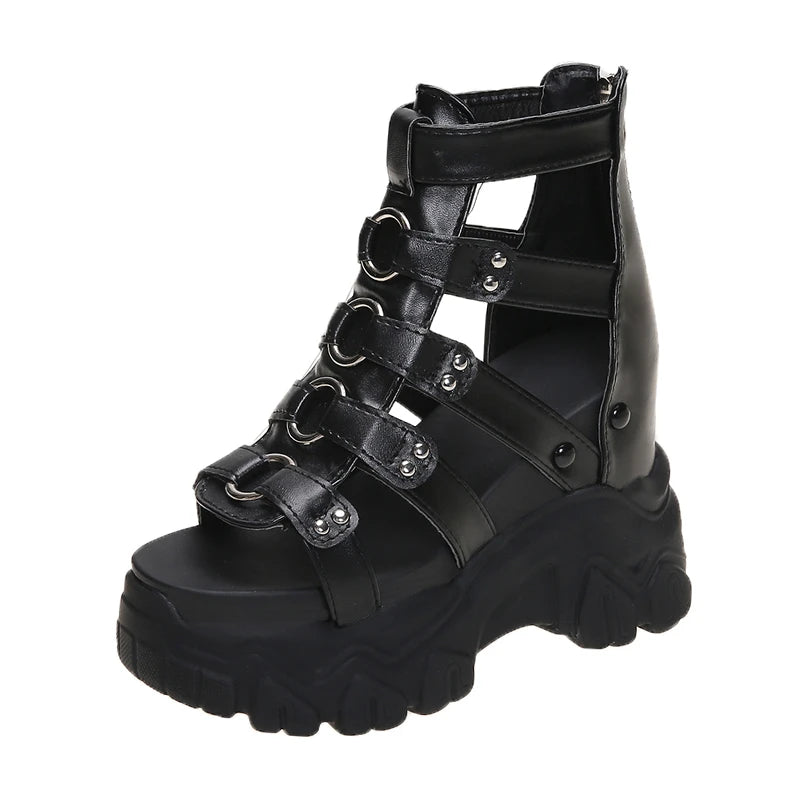 Women Thick Bottom Gladiator Shoes Woman Summer Chunky Sneakers High Platform Sandals Hollow Out 8CM Wedge Heels Beach Sandalias