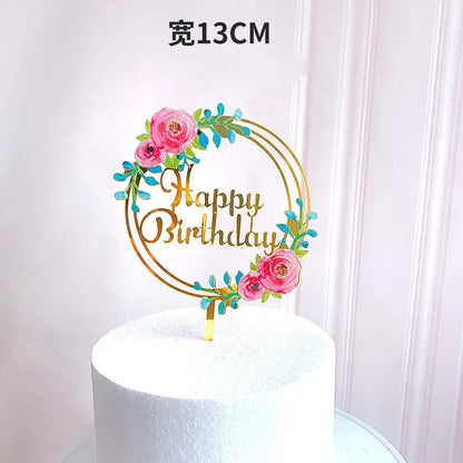 Acrylic Happy Birthday Cake Topper Gold Pink Birthday Cake Toppers Flags For Kids Birthday Party Cake Decorations Baby Shower